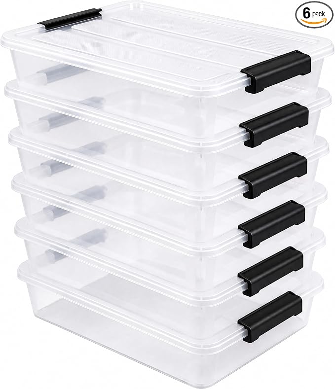 6 Qt Plastic Storage Bins with Lids,Sensory Bins,Stackable Clear Containers with Secure Latches,Multi-Purpose Classroom Storage Organizer for Craft Supplies,Paper & Office Stationery,6 Pack,Black