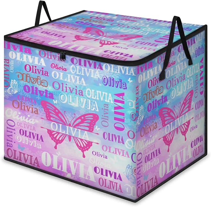 Custom Extra Large Storage Baskets Name with Lid, Butterfly Personalized Storage Bins Basket Boxes Handles for Clothes Blanket Bedroom Closet Organizing Toys Shelves, Painted Blue Pink Background