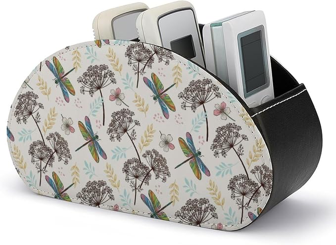 TV Remote Control Organizer Flowers Dragonfly Caddy Box with 5 Compartment | Botanical Flowers Dragonfly, PU Leather Desk Storage Bag Fits Controller, Makeup Brushes, Media Player, Office Supplies
