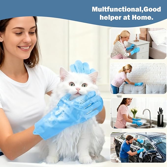 Pet Grooming Gloves for Cats Dogs, 3000 Silicone Grooves Bathing Gloves, Wet Dry Dual Use Washing Massage Gloves, Pet Bath Supplies for Gentle Cleaning Grooming（Blue）