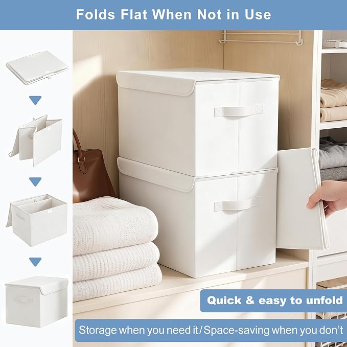 Large 22 Quart Linen Fabric Foldable Storage Bin Cube Organizer Basket with Flip-Top Lid & Handles, Clothes Blanket Box for Home, Office, Closet, White, 4 Pack 14.6 x 9.5 x 9.5”