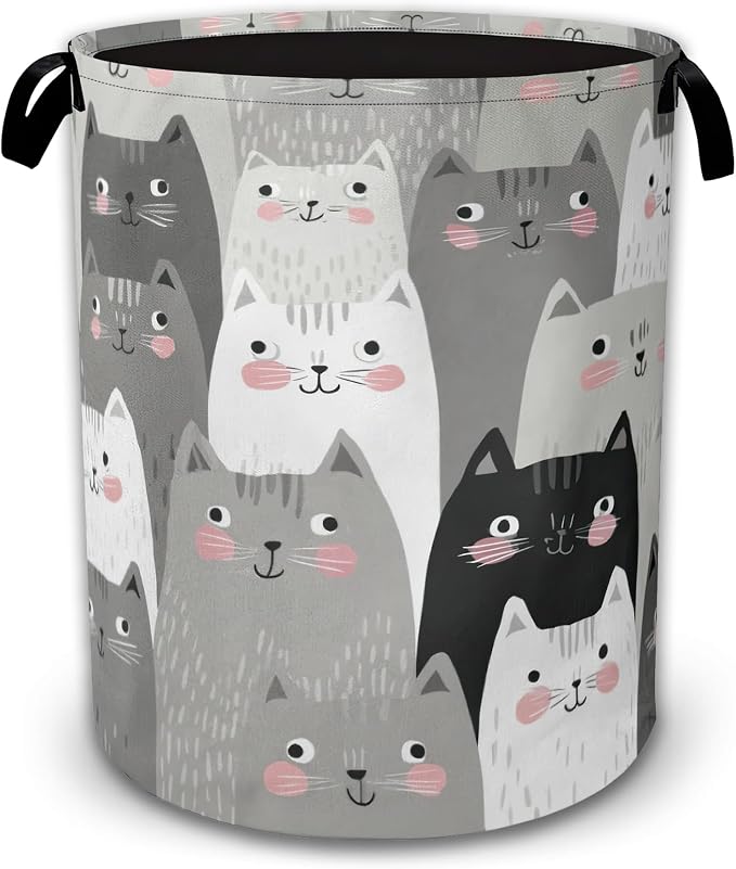 Gray Cats Collapsible Laundry Hamper with Handles,Oxford Cloth Laundry Basket,Storage Organizer for Bathroom Bedroom Laundry Room