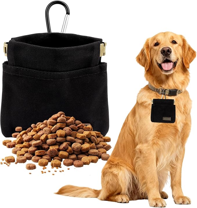 Dog Treat Pouch, Portable Auto Closing Dog Training Treat Bag with Carabiner, Hands Free Pocket Sized Snack Reward Pouch for Puppy Walking Travel Outdoor Use, Black