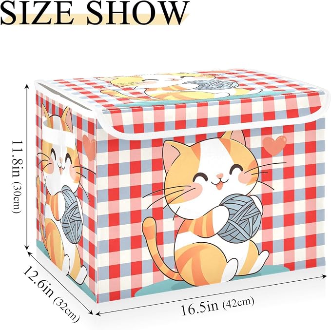 Cute Cat Ball Fabric Storage Bins with Lid Closet Storage Basket 40L | Foldable & Stackable, Flip Top Dust Guard, Reinforced Handles, Home & Bedroom, Clothes & Toys, Cat Print Basket