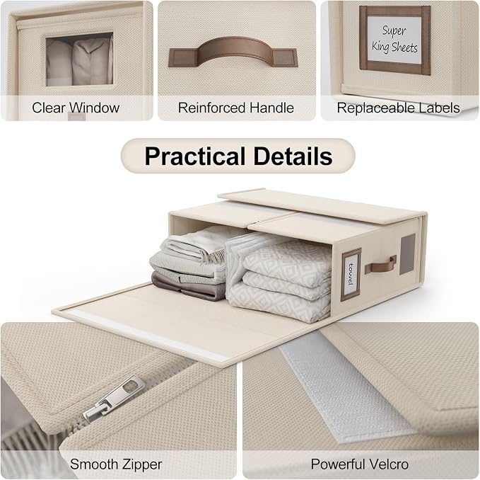 6 Pack Bed Sheets Organizers And Storage,Sheets Set Folder Keeper with Handle,Foldable Bedding Storage Box For Linen Closet,Duvet Cover(Cal King Size-5.2 Gal,Beige)