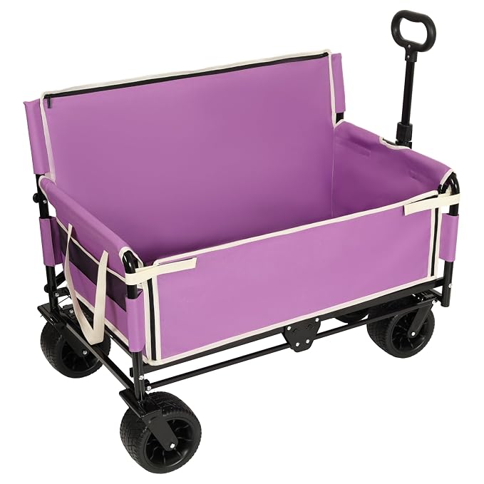3-in-1 Pet Wagon Stroller with Bench Seat & Storage – Portable Travel Carrier for Dogs & Cats, 500Lbs Heavy-Duty Foldable Cart with All-Terrain Wheels for Camping, Park & Outdoor Use (Purple)