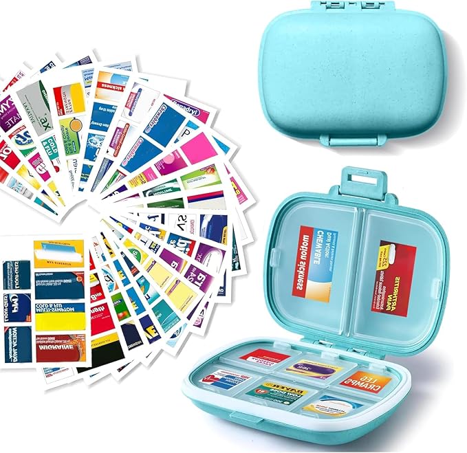 iouwei Daily Pill Container with Medicine Labels - 7 Day Mini Medication Organizer (Blue, 161 Labels)