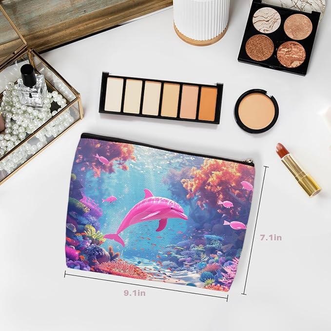 Wenboco Pink Dolphin Makeup Bag, Travel Makeup Case Cosmetic Bags for Women | Portable Pouch Purse Travel Essentials Toiletries Accessories, Christmas Birthday Gifts for Women