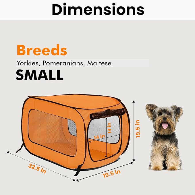 Portable Collapsible Pop Up Kennel, 32.5" L x 19.5" W x 19.5" H, Orange | Collapsible indoor/outdoor travel cat and dog crate with mesh screen windows pops up and folds flat for easy storage