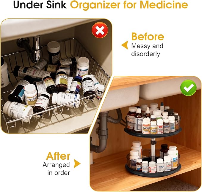2 Tier Medicine Cabinet Organizer, Rotary Turntable Organizer for Medicine and Vitamin Bottles, Under Sink Organizer for Medicine, Bathroom Cabinet Storage, Tray has Removable Dividers, Easy Assembly