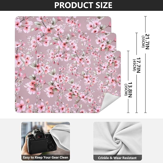 JIPONI Roamntic Peach Blossom Makeup Bag, Self-Adhesive Magic Wrap Cloth, Portable Cosmetic Organizer, Camera Lens Protector, Travel Storage for Beauty Essentials, 21.7"x21.7"