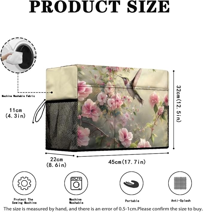Hummingbird Flower Patterned Sewing Machine Cover Fit Standard Sewing Machines, Features a Convenient Mesh Pocket for Accessories, Adds a Touch of Spring Flair to Your Sewing Space