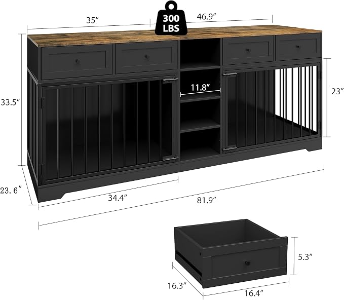 Dog Crate Furniture for 2 Dogs, Double Dog Crate TV Stand, Black | 82" Large Dog Kennel Indoor with 4 Storage Drawers and 4 Shelves, Suitable for Small, Medium and Large Dogs