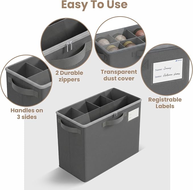 Varhomax Shoe Organizer Box for Closet, Small Fabric Storage Basket 2 Pack | Foldable Shoe Bin with Adjustable Dividers & Clear Cover, Saving Space Sneakers & Sandals Containersfor Entryway, Cubby