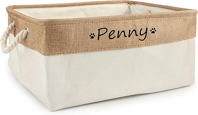 Personalized Dog Toy Basket with Name,Custom Dog Toy Basket,Paw Prints Pet Food Storage Container,Dog Toy Box for Small Dogs,New Puppy Supplies (Beige,L 41X32X21cm)