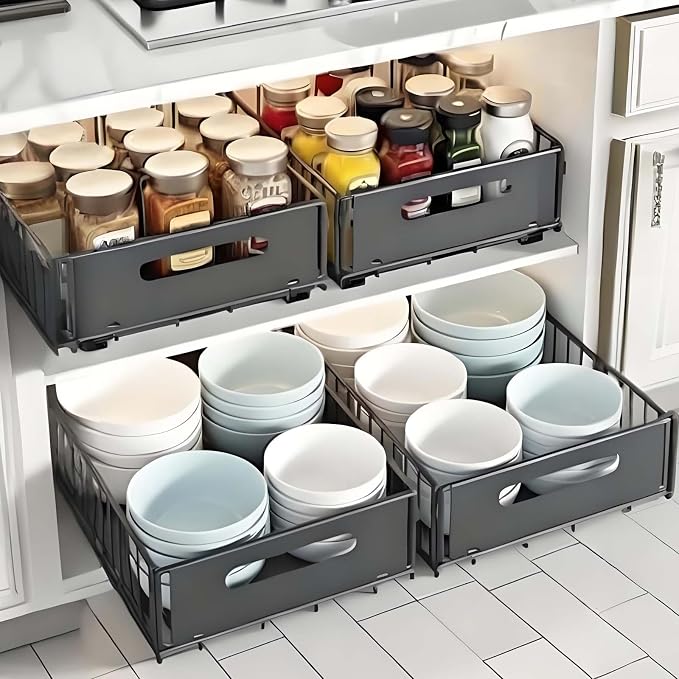 Slide-Out Storage Organizer 9.6"x14.8"x4" Matte Black Rustproof Carbon Steel Pull Out drawer Tray with Adhesive Taps and Screw Installation for Bathroom Cabinet,Under Sink, Dresser