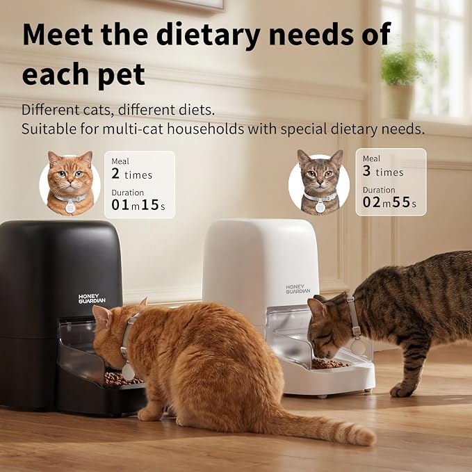 HoneyGuaridan RFID Automatic Cat Feeder with Collar Tag-Activated Personalized Meal, 4.6L 5G WiFi APP Control Cat Food Dispenser with 5000mah Battery,Multi-Pet Homes and Different Diets