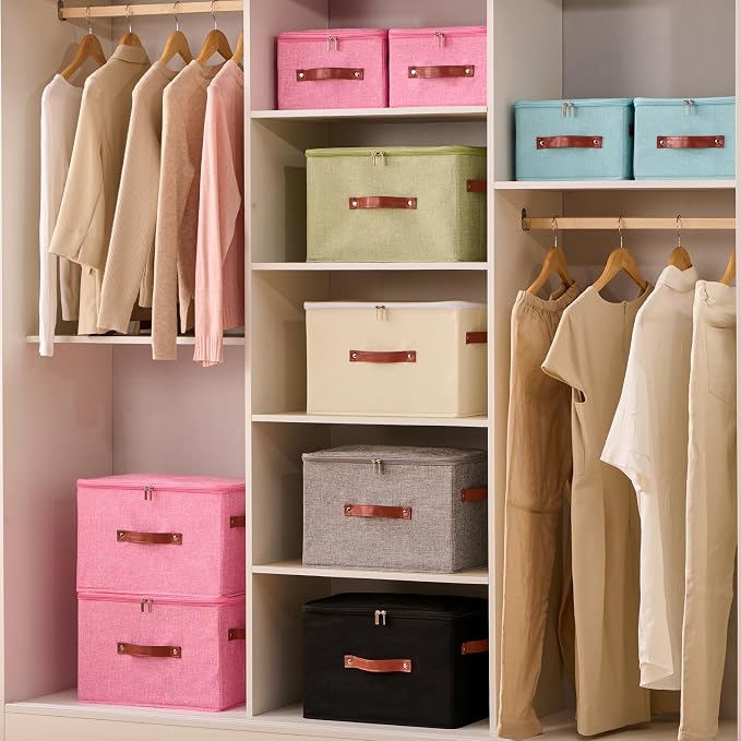 Storage Bin Box with Zippered Lid Decorative Collapsible Basket | Cotton Linen Fabric, Washable Foldable Stackable Clothes Container, Closet Shelf Organizer w/ PU Leather Handles, Beige-Large