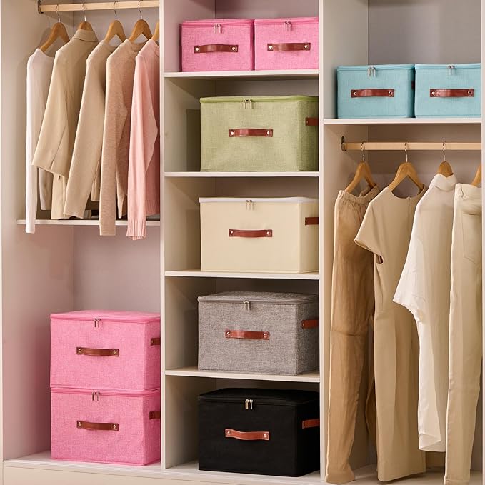 Storage Bin Box with Zippered Lid Decorative Collapsible Basket | Cotton Linen Fabric, Washable Foldable Stackable Clothes Container, Closet Shelf Organizer w/ PU Leather Handles, Pink-Large