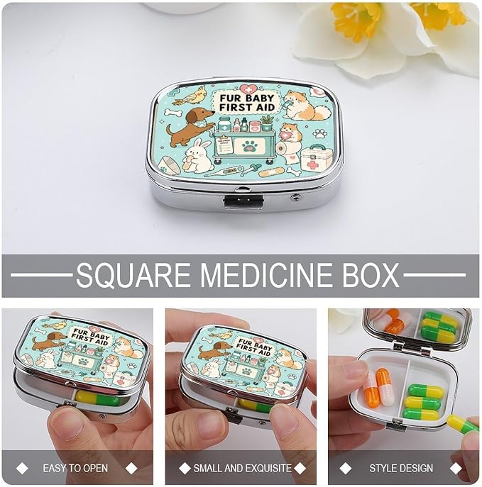 Cute Pet First Aid Essentials Two Compartment Pill Box Medicine Organizer, Portable Pill Case with Secure Snap Closure for Vitamins Medication Supplements Daily Use