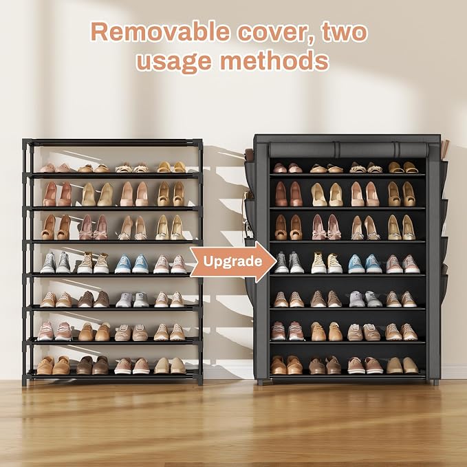 VTRIN Shoe Rack with Cover, 7 Tier Shoe Organizer Storage for 35-40 Pairs Shoes and Boots Large Capacity Tall Shoe Shelf with 8 Pockets Free Standing Shoe Rack for Closet, Entryway, Garage