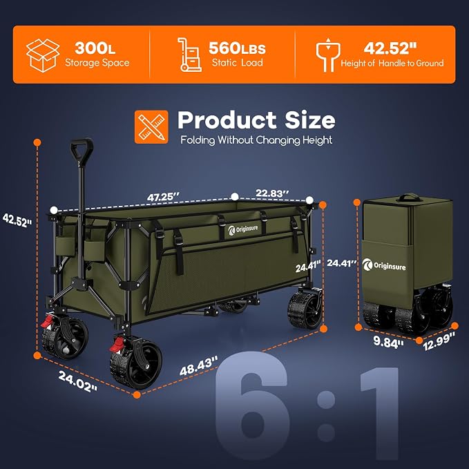 Originsure 300L Beach Wagons Carts Foldable with Big Wheels, 560lbs, Green | 48" Folding Utility Wagon,7" All-Terrain Wheels,Heavy Duty Frame,Compact&Space-Saving,for Camping,Sports,Grocery,Garden