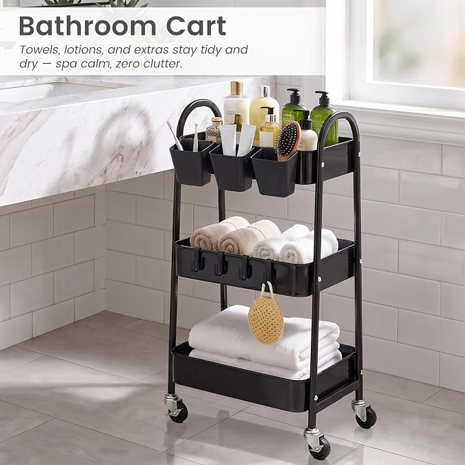 danpinera 3-Tier Rolling Cart, Utility Cart Mobile Metal Rolling Storage Cart with Lockable Wheels & Hanging Cups & Hooks for Kitchen, Bathroom, Office, Workshop, Black