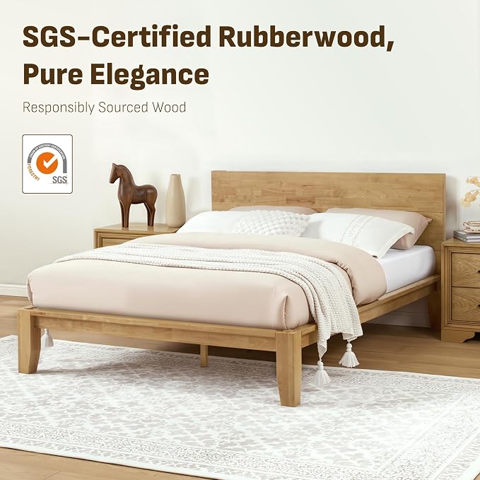 Softa Mikor Queen Japanese Joinery Bed Frame with Headboard, Solid Rubberwood Platform Bed, 1500 Lbs Heavy Duty, SGS Certified, No-Tool Setup, Storage Shelf, USB-A/C Port, No Box Spring Needed