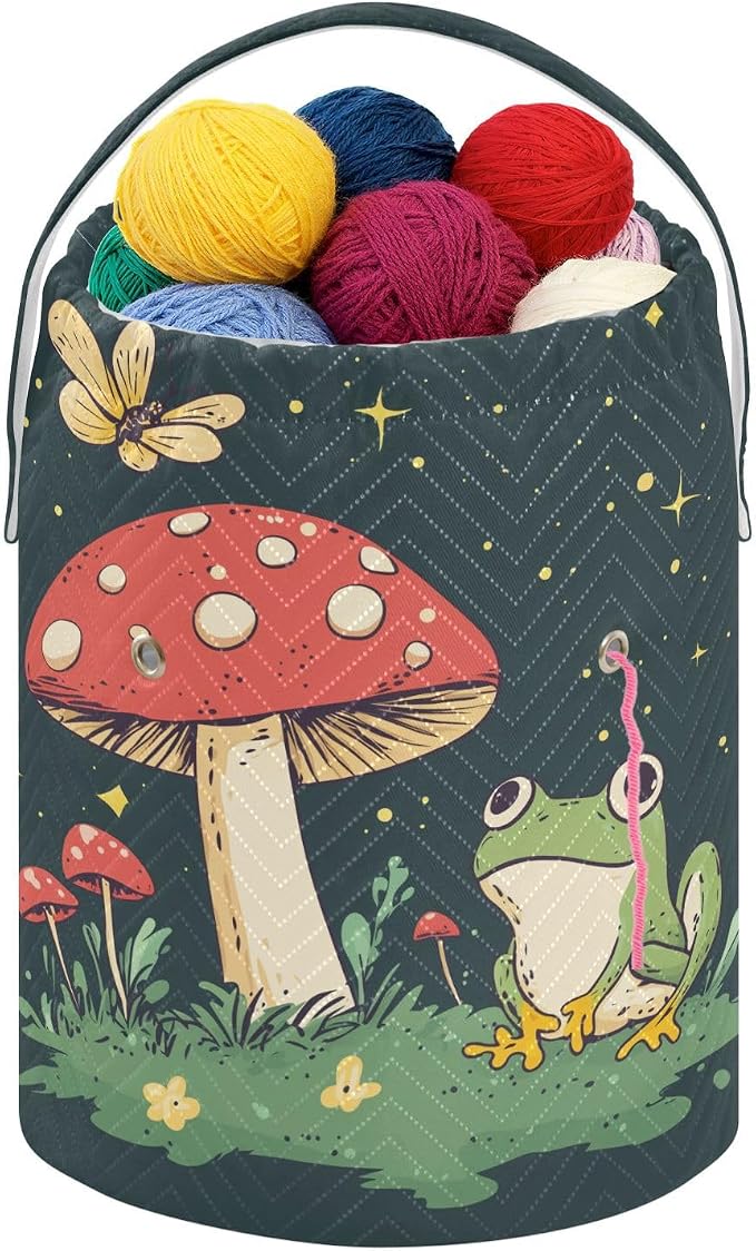 Fustylead Cute Frog and Red Mushroom Butterfly Knitting Crochet Bag, Portable Large Yarn Storage Drawstring Basket Organizer for Crocheting Hooks, Project, Store Skein Ball, Short Knitting Needle