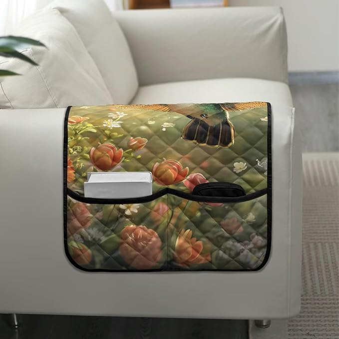 Hummingbird Sofa Armrest Covers Non-Slip Arm Rest Covers Washable Couch Arm Cover with 2 Pockets Dustproof Furniture Protector for Living Room Decoration