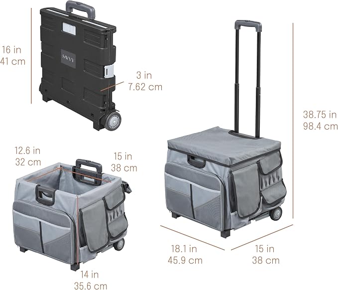 Folding Mobile Utility Cart, Canvas Organizer Bag, Dark Grey/Grey | Durable plastic, 30 compartments, adjustable handle, 40 lb capacity, collapses to 3" thick, rolling wheels for easy transport