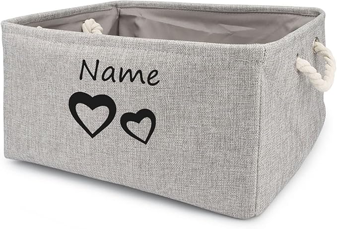 Personalized Dog Toy Storage Basket Bin Collapsible Customized Pet's Name Storage, Organizer for Dog Toys、Clothing、Apparel & Accessories with Box Heart Print (Gray-L)