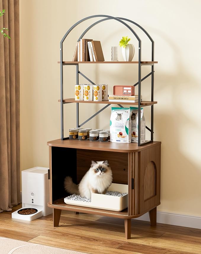 66" Cat Litter Box Enclosure,Hidden Litter Box Furniture with Shelves,Wooden Cat Washroom and Pet House with Sliding Tambour Door for Living Room,Walnut