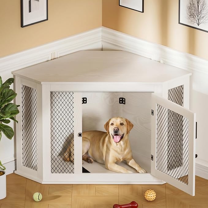 52" Corner Dog Crate Furniture, Wooden Dog Kennel Indoor | Corner Dog Kennel Furniture for Medium-Large Dogs, White Space-Saving Decorative Indoor Pet House with Mesh Door & Lock