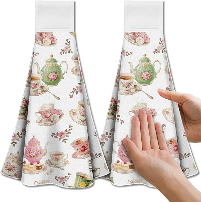 CUTHOLLOW Retro Teacup Hanging Kitchen Towels with Loop, Set of 2 - Soft & Super Absorbent Microfiber Decorative Hanging Dish & Hand Towel, Tea, Coffee Towel for Kitchen Bathroom Oven Handle