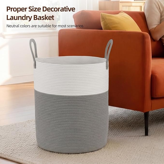 OIAHOMY 60L Nursery Hamper Laundry Basket Laundry Hamper Grey/White | collapsible Blanket Basket Cotton Rope Woven Basket Dirty Clothes Hamper Baby Hamper Tall Clothes Hamper with Handles
