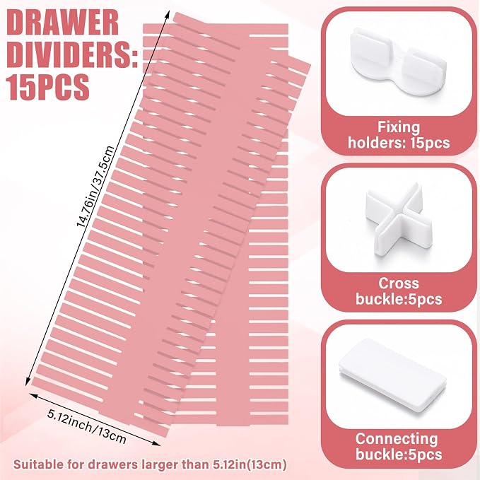 Blosssound 15 Pcs 5.12 Tall Drawer Divider Adjustable Drawer Organizer,Pink | DIY Ultra Deep Storage Organizer Separator with Fixed Buckle for Underwear Socks Dormitory Office Kitchen Bedroom