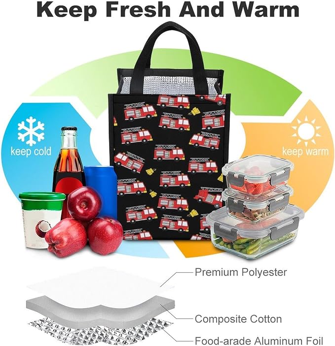 Reusable Insulated Lunch Bag Portable Foldable Lunch Totes Thermal Lunchbox Picnic Camping Cooler Bag Compatible with Fire Fighters Red Fire Truck Cartoon