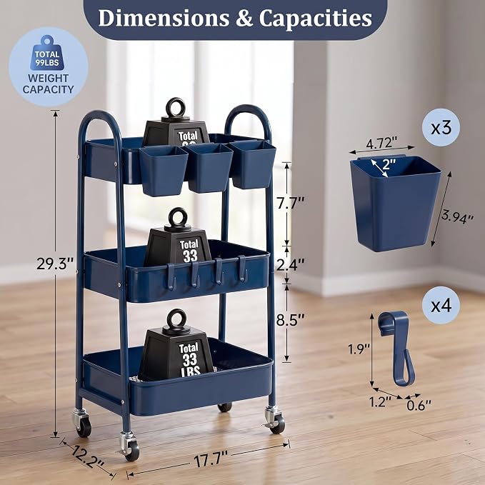 danpinera 3-Tier Rolling Cart, Utility Cart Mobile Metal Rolling Storage Cart with Lockable Wheels & Hanging Cups & Hooks for Kitchen, Bathroom, Office, Workshop, Dark Blue