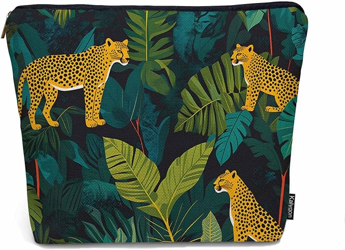 Leopard Cosmetic Travel Bag For Toiletries, Tropical Leaves Leopard Cheetah Makeup Bag Toiletry Bags For Women, Flax Cosmetic Bags Make Up Bag Purse Toiletries Bag Birthday Gift Yellow Green