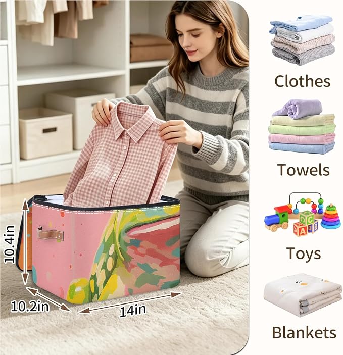 Watercolor Frog Foldable Storage Bin with Lid Zipper | Closet Shelf Organizer, Boxes, Basket Containers for Home, Lidded Storage Cube for Bedroom, Waterproof, with Handles