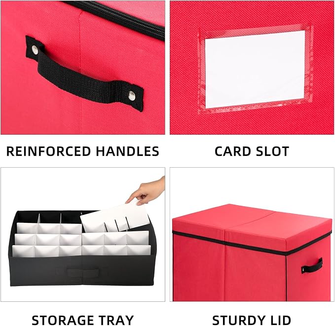 Christmas Ornament Storage Box with Adjustable Dividers, Large Holiday Ornaments Storage Container Bin with Lid for Xmas Decorations (72-3" Balls, Red, With Removable Tray)