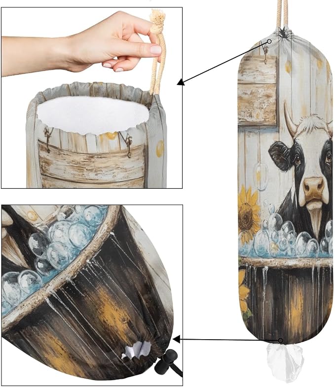 Sunflower Cow Plastic Bag Holder Wooden Board Grocery Bag Storage Dispenser Washable Hanging Shopping Bags Carrier Reusable Wall Mount Trash Bag Organizer for Kitchen Pantry