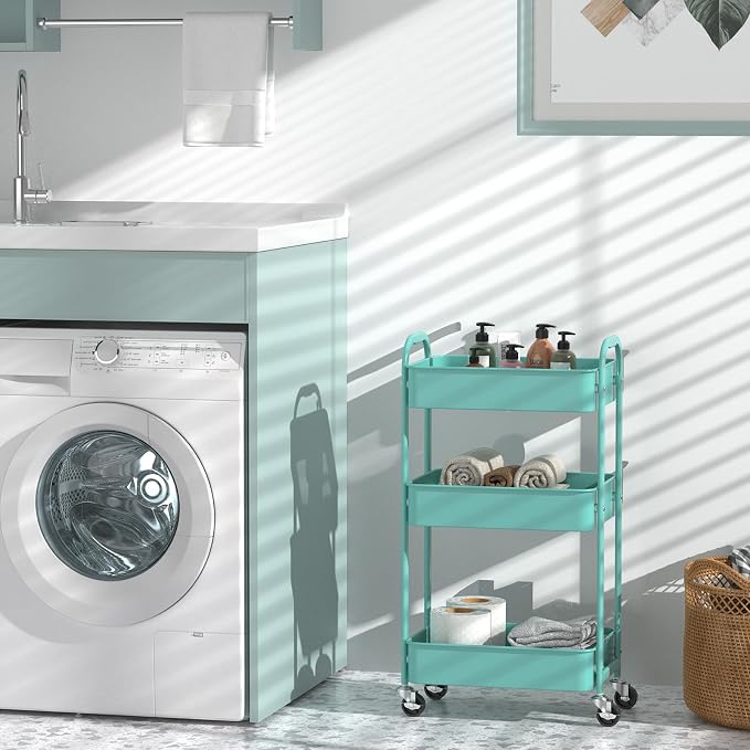 MAX Houser 3-Tier Rolling Utility Cart with Caster Wheels,Easy Assembly, for Kitchen, Bathroom (Turquoise) | Easy Assembly, multi-purpose storage trolley for kitchen, rolling cart with smooth caster wheels for bathroom