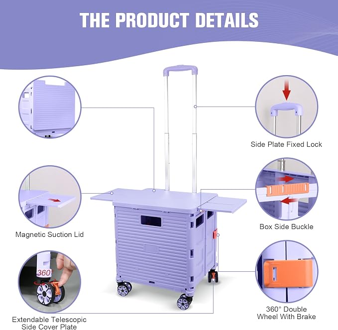 Foldable Utility Cart Folding Portable Rolling Crate with Magnetic Extended Lid,360°Rotate Wheels,176LBS Load Capacity,Heavy Duty Durable Dolly Cart for Teacher Tourist Shopping Office Outdoor