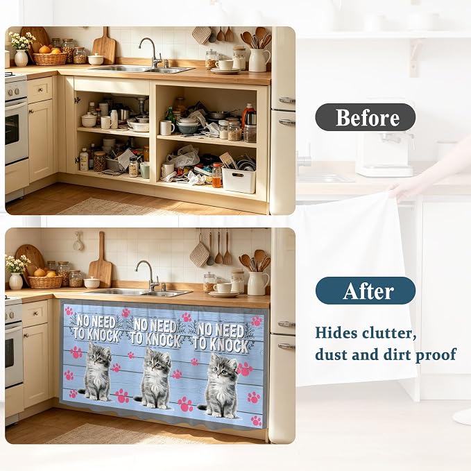 NO Need to Knock Oven Skirt Curtain for Kitchen Decor 28"x35", Cat Pet Paw Prints Pet Lover Farmhouse Self Adhesive Stove Curtains Skirt Cabinet Curtains for Bathroom Laundry Room