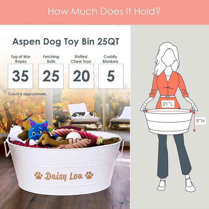 BREKX Personalized Metal Dog Toy Box - White Galvanized Storage Bin with Handles, Organizer Storage Basket for Pet Toys, Blankets, Leashes - (25 Quart)