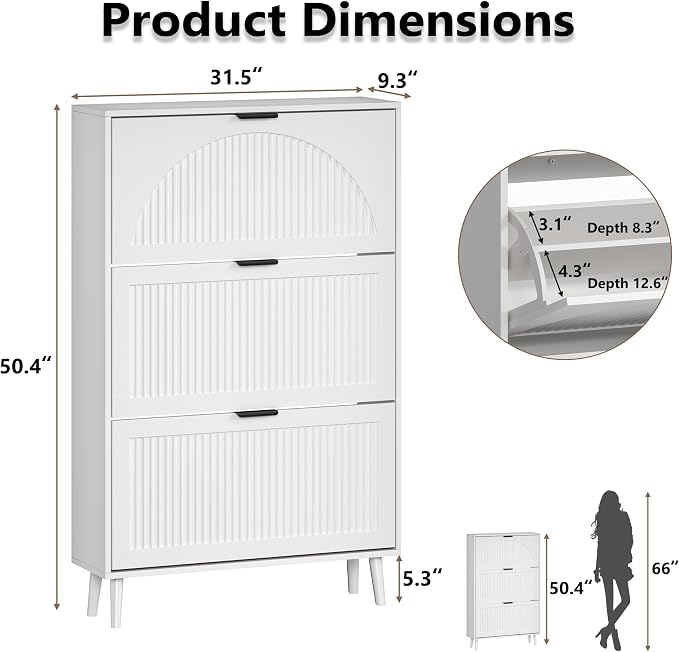 BORNOON Shoe Cabinet for Entryway with 3 Flip Drawers, Slim Wooden Shoe Storage Organizer with Modern Fluted Pannel，Freestanding Narrow Hidden Shoe Rack for Hallway, Foyer, Living Room