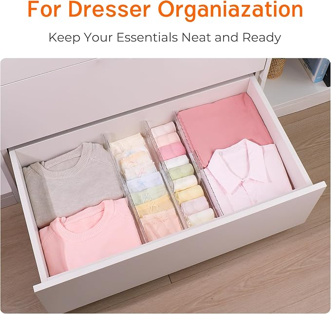 4" High Drawer Dividers for Clothes, 10.2"-16.5" Expandable 12 Pack | Adjustable Dresser Drawer Organizer, Clear Separators for Closet, Baby Clothing, Socks & Underwear Storage, Space Saving