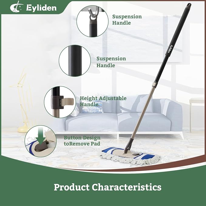 Eyliden Dust Mop, 2 Microfiber Pads, Home Commercial Cleaning, Quick Swap | 52.6" Adjustable Handle, 360° Swivel, Washable, Wet Dry Mops for Kitchen Hardwood Vinyl Tile Floor Cleaning, Push Dust Broom